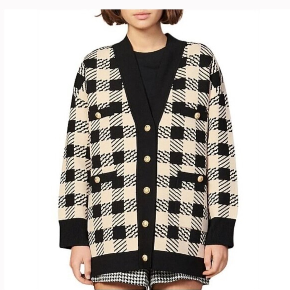 SANDRO Jisou Checked Oversized Plaid Cardigan Tan Gold Size 3 L/ XL - Picture 8 of 9